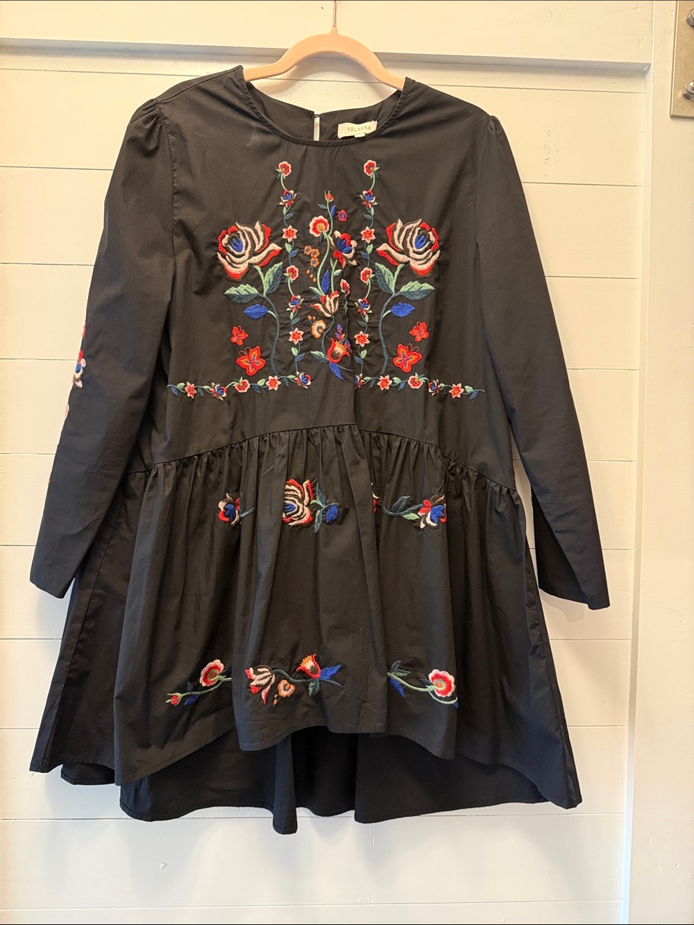 Velzera Black Mini Dress with Multicolor Floral Embroidery